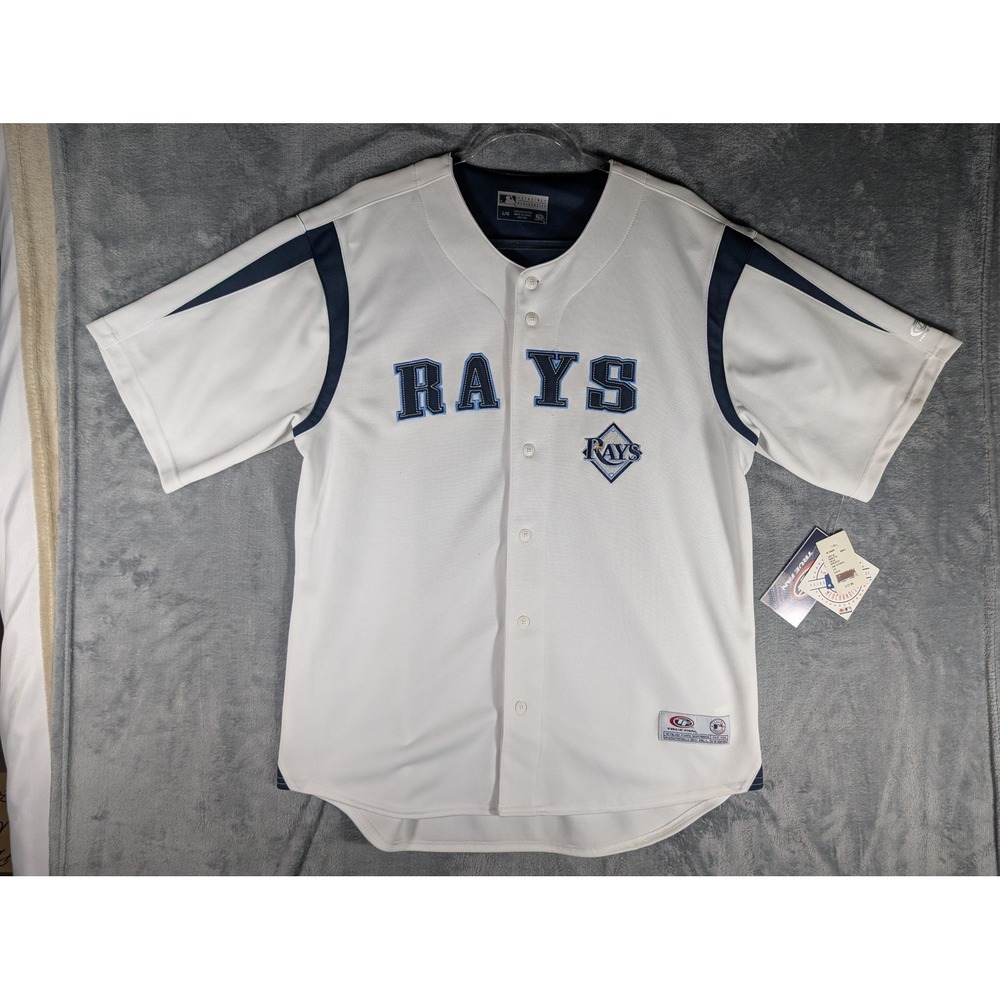 Tampa Bay Rays True Fan MLB Baseball Jersey White Navy Blue Button Men Large NWT
